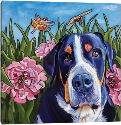 Dog and Dragonflies Canvas Art Print