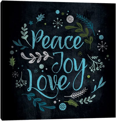 Peace Joy Love in Blue Canvas Art Print - Royal Blue & Silver