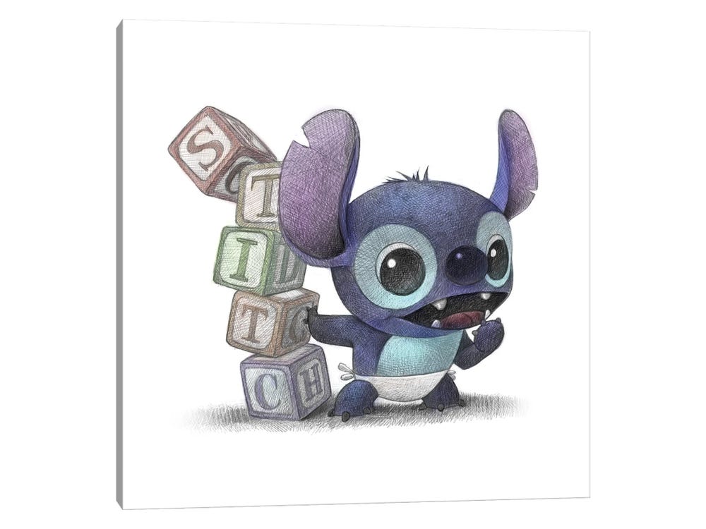 Framed Canvas Art (White Floating Frame) - Baby Stitch by Will Terry ( Pop Culture > fictional Characters > Animated & Comic Strip Characters > Other
