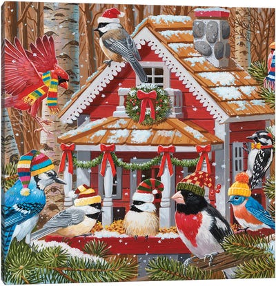 Christmas Gathering At The Birdhouse Canvas Art Print - Christmas Animal Art