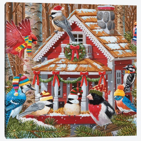 Christmas Gathering At The Birdhouse Canvas Print #WVD14} by William Vanderdasson Canvas Wall Art
