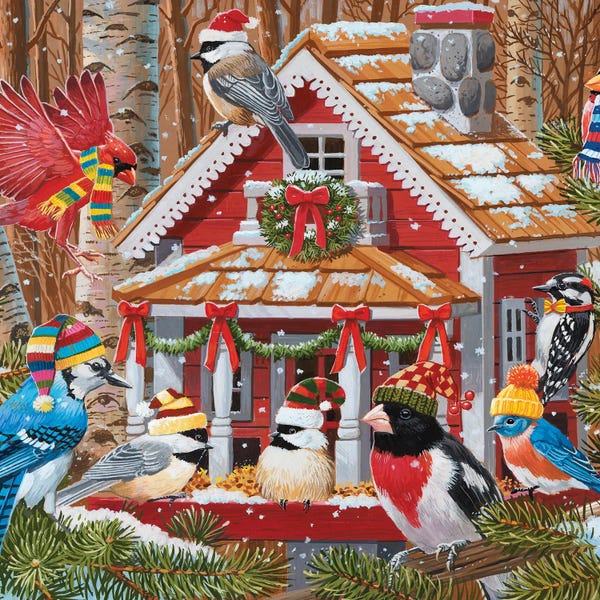 Christmas Animals: Christmas Gathering At The Birdhouse by William Vanderdasson