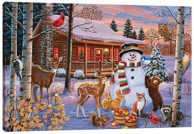 Holiday Cabin With Snowman Canvas Art Print - Deer Art