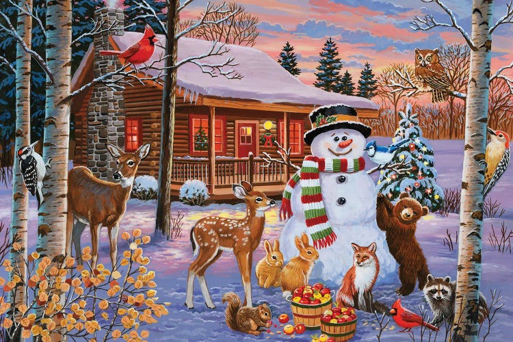 Holiday Cabin With Snowman by William Vanderdasson wall art
