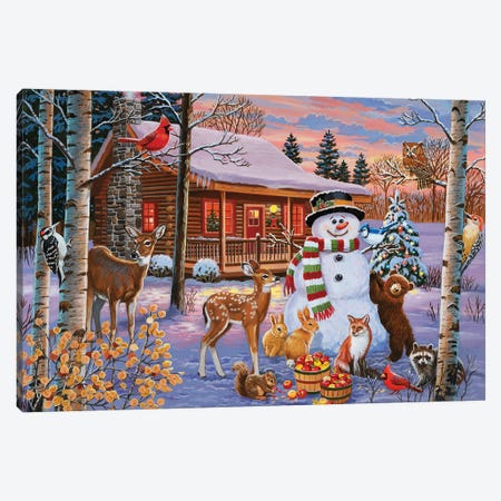 Holiday Cabin With Snowman Canvas Print #WVD6} by William Vanderdasson Canvas Wall Art