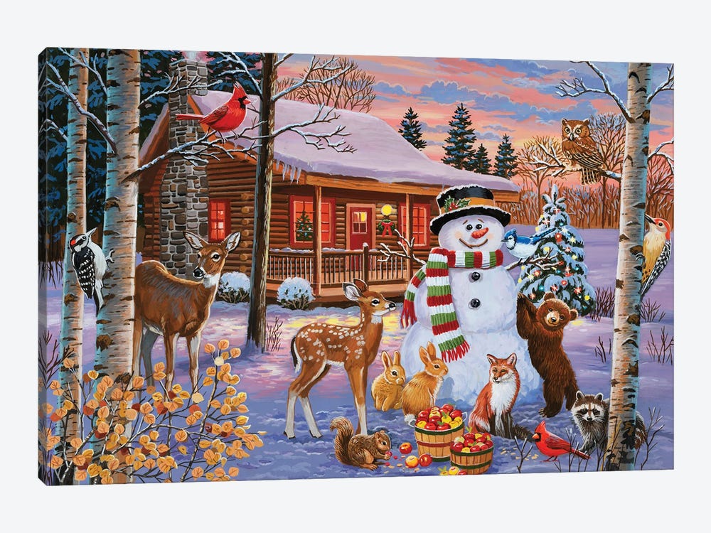 Holiday Cabin With Snowman by William Vanderdasson 1-piece Canvas Artwork