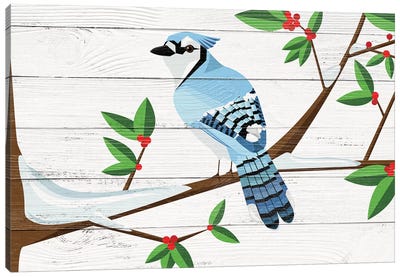 Berry Blue Jay Canvas Art Print - Holiday Décor