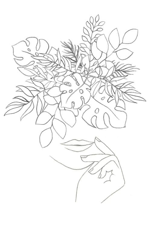 Line art woman and plants