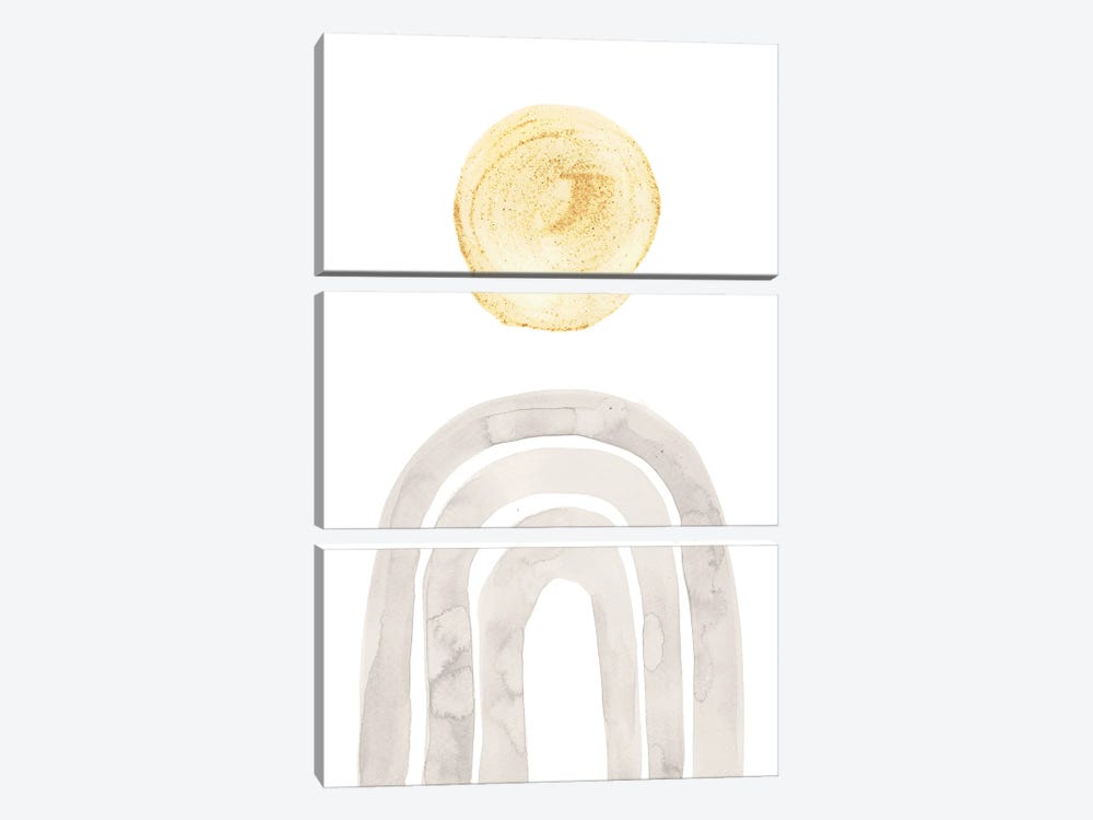 Boho Rainbow And Sun, Gray And Mustard Yellow by Whales Way 3-piece Canvas Art Print