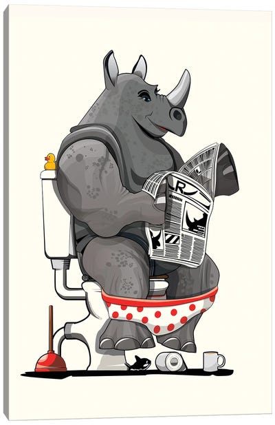 Rynosseros On The Toilet Canvas Art Print - Rhinoceros Art