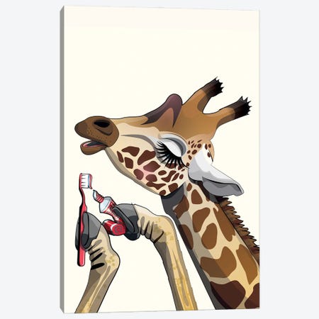 Giraffe Brushing Teeth Canvas Print #WYD101} by WyattDesign Canvas Art Print