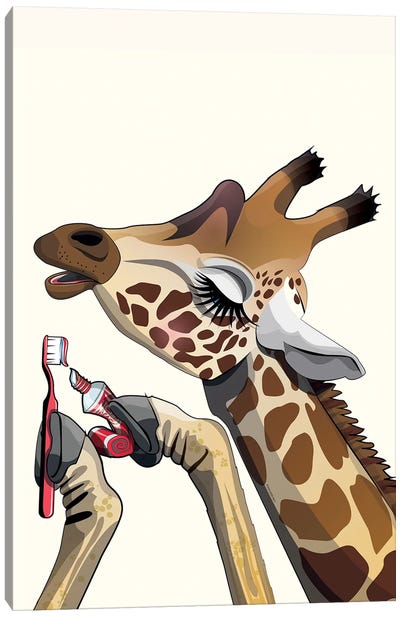 Giraffe Brushing Teeth Canvas Art Print - Giraffe Art