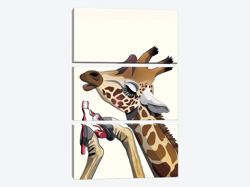 Giraffe Brushing Teeth by WyattDesign 3-piece Canvas Art