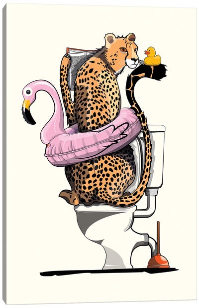 Cheetah On The Toilet Canvas Art Print - Crude Humor Art