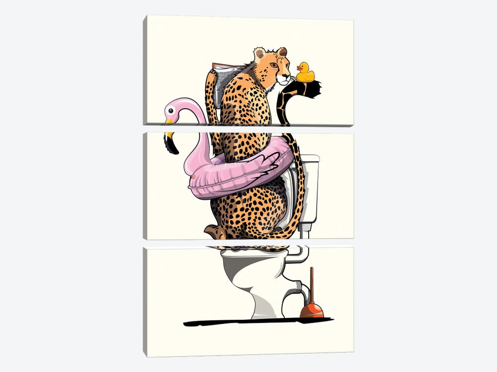 Cheetah On The Toilet by WyattDesign 3-piece Canvas Wall Art