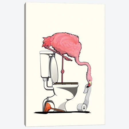 Flamingo On The Toilet Canvas Print #WYD106} by WyattDesign Canvas Wall Art