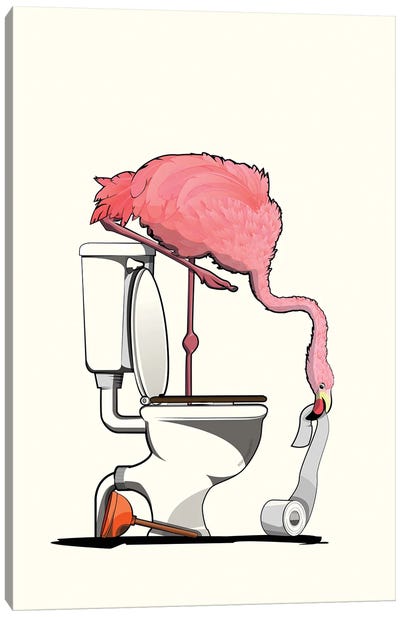 Flamingo On The Toilet Canvas Art Print - Flamingo Art