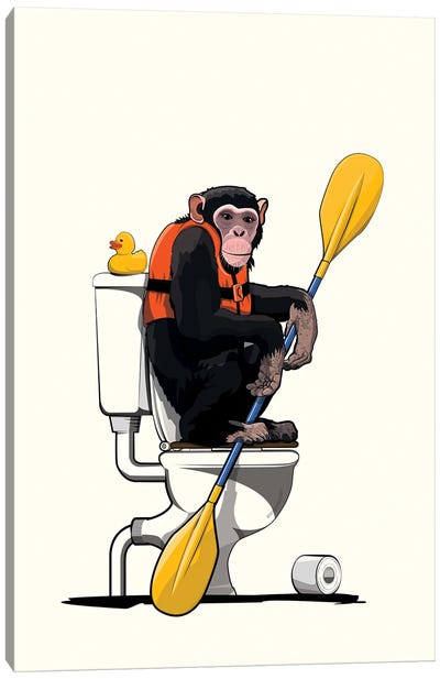 Chimp On The Toilet Canvas Art Print - Crude Humor