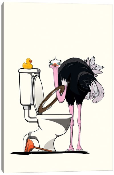 Ostrich On The Toilet Canvas Art Print - Ostrich Art