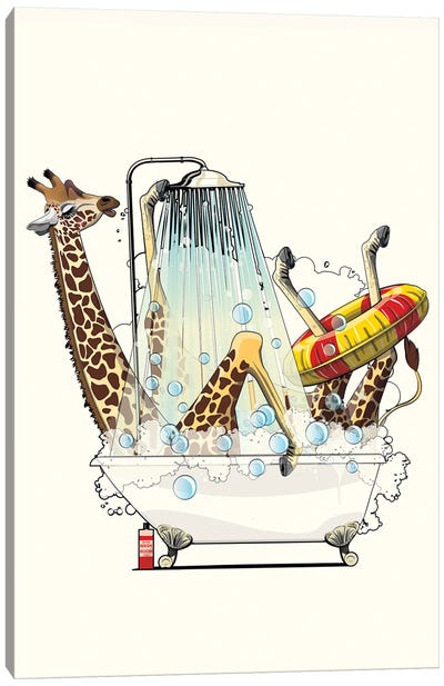 Giraffe In The Bath Canvas Art Print - WyattDesign