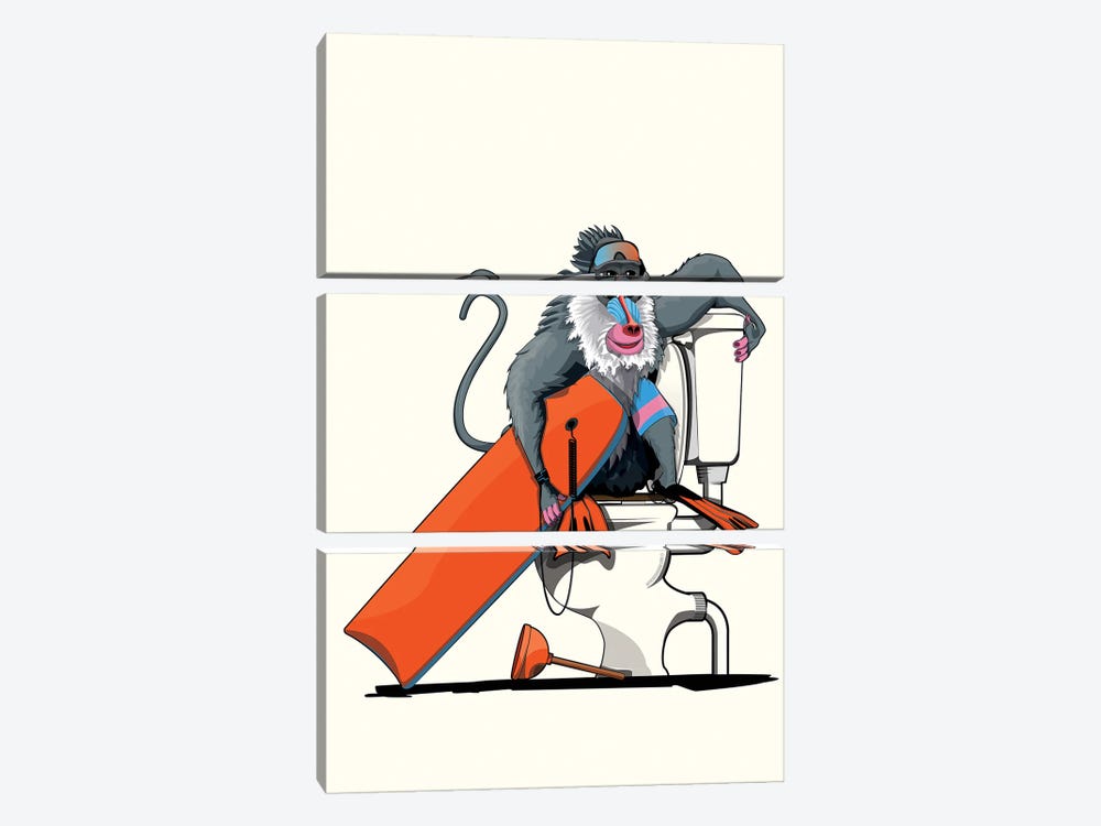 Baboon On The Toilet by WyattDesign 3-piece Canvas Print