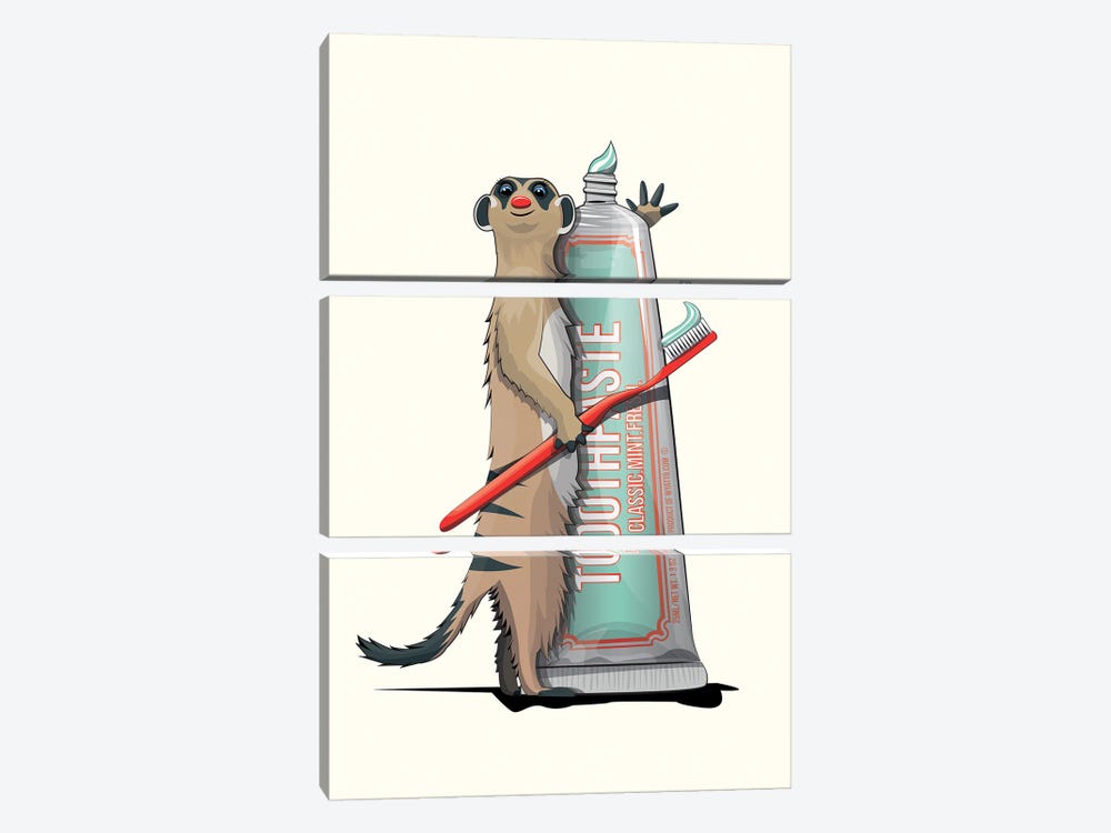 Meerkat Brushing Teeth Bathroom Animal by WyattDesign 3-piece Canvas Wall Art