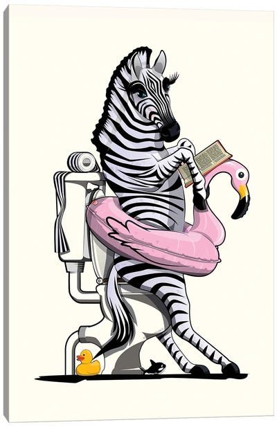 Zebra Baboon On The Toilet Canvas Art Print - Reading Art