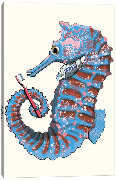 Seahorse Brushing Teeth Canvas Art Print - Seahorse Art