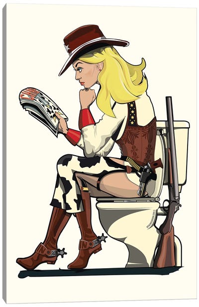Cowgirl On The Toilet Canvas Art Print - Cowboy & Cowgirl Art