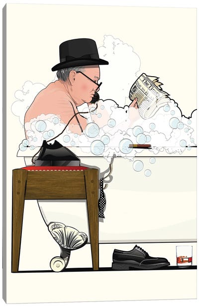Winston Churchill In The Bath Canvas Art Print - Crude Humor Art