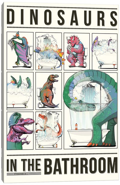 Dinosaurs In The Bathroom Canvas Art Print - Animal Humor Art