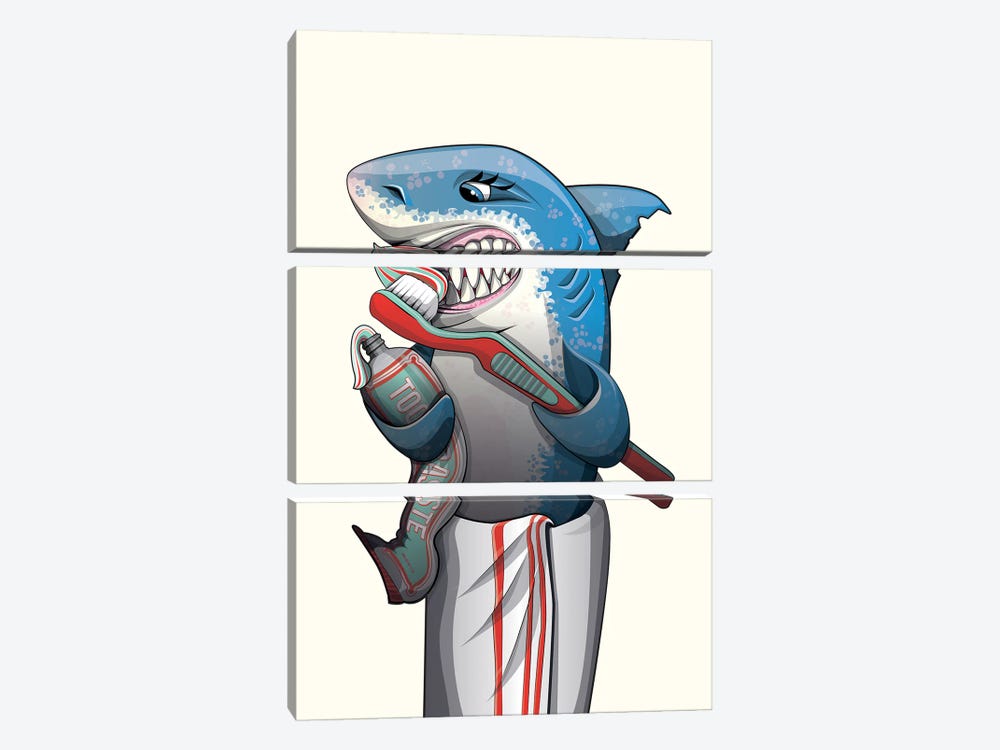 Great White Shark Brushing Teeth by WyattDesign 3-piece Canvas Print