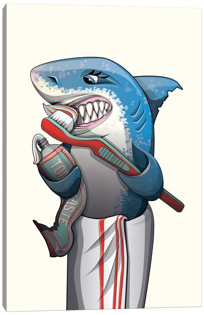 Great White Shark Brushing Teeth Canvas Art Print - Shark Art