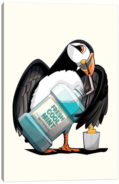 Puffin Sea Bird, Cleaning Teeth Canvas Art Print - WyattDesign