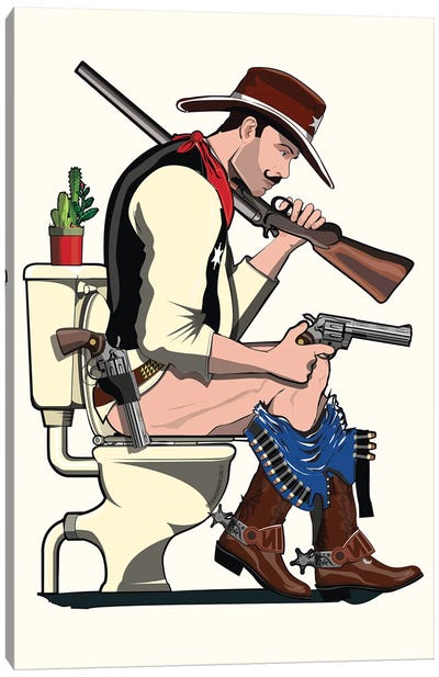 Cowboy On The Toilet Canvas Art Print - Funky Art Finds