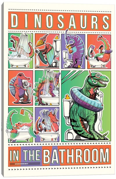 Dinosaurs In The Bathroom, Toilet Humor Canvas Art Print - Kids Dinosaur Art