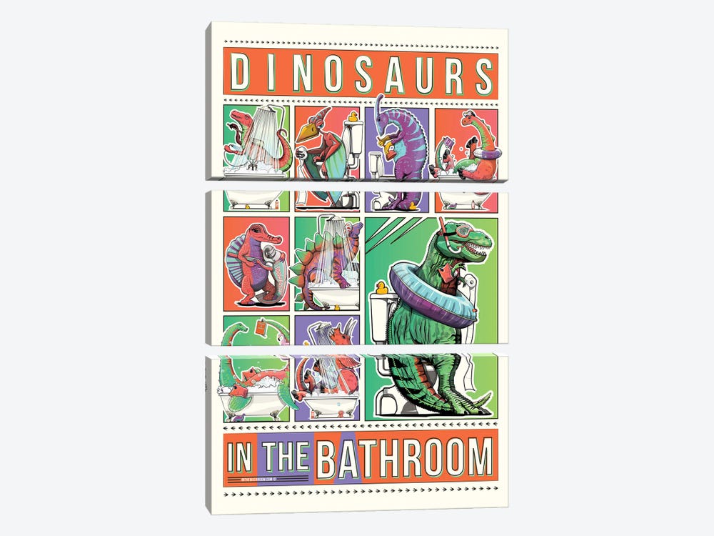 Dinosaurs In The Bathroom, Toilet Humor by WyattDesign 3-piece Canvas Print