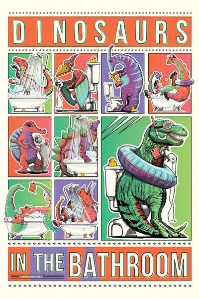 Kids Dinosaur Art: Dinosaurs In The Bathroom, Toilet Humor by WyattDesign