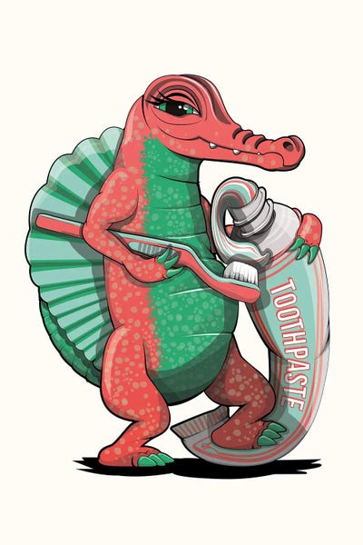Dinosaur Spinosaurus Brushing Teeth, Bathroom Humor by WyattDesign art print