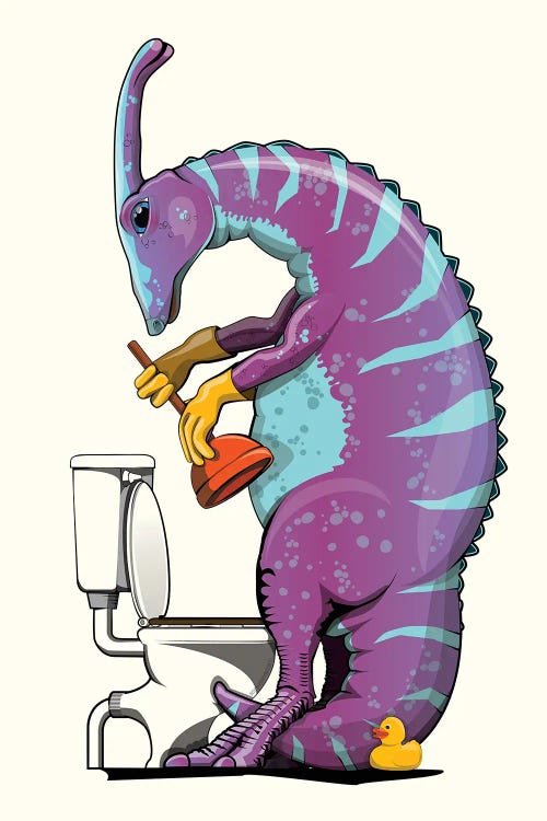 Dinosaur Parasaurolophus Unblocking Toilet, Bathroom Humor