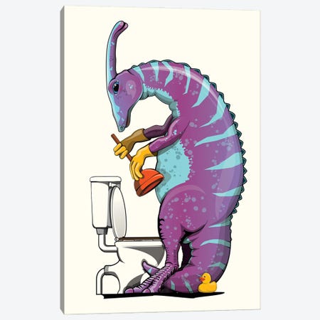 Dinosaur Parasaurolophus Unblocking Toilet, Bathroom Humor Canvas Print #WYD188} by WyattDesign Art Print