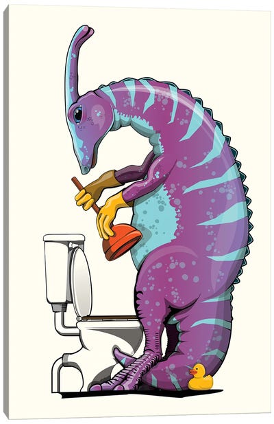 Dinosaur Parasaurolophus Unblocking Toilet, Bathroom Humor Canvas Art Print - Kids Dinosaur Art