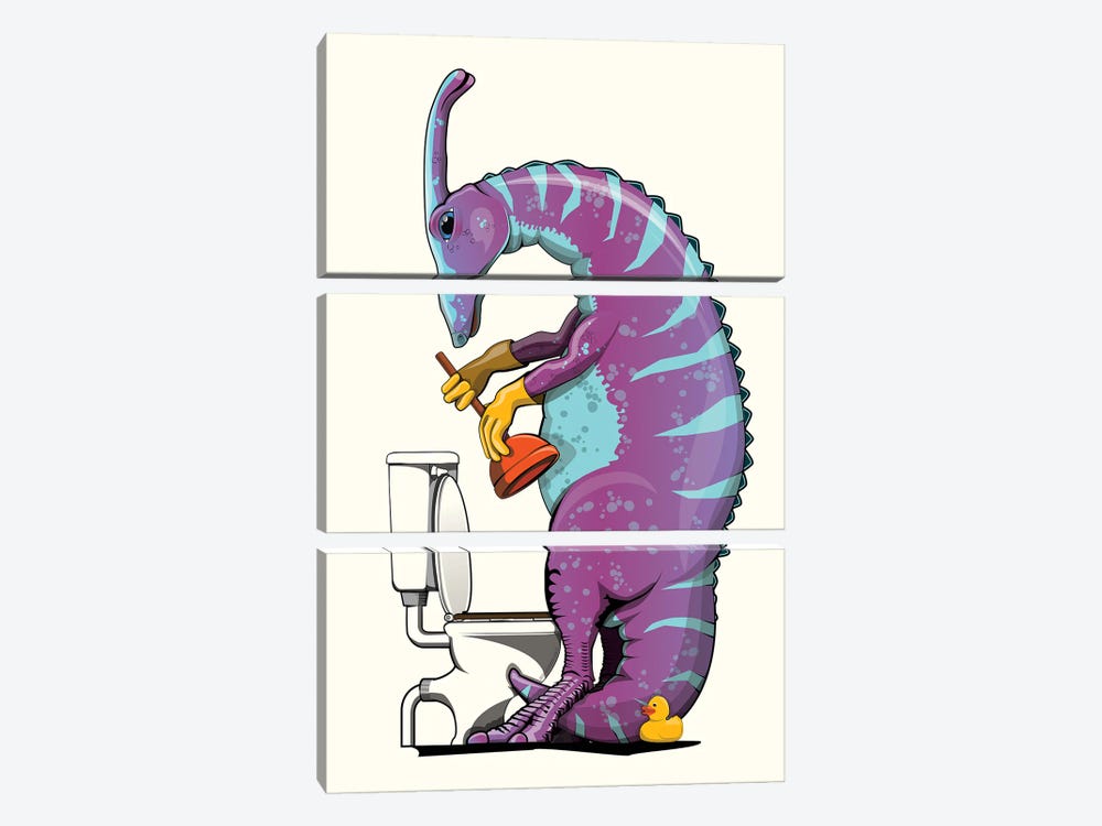Dinosaur Parasaurolophus Unblocking Toilet, Bathroom Humor by WyattDesign 3-piece Art Print