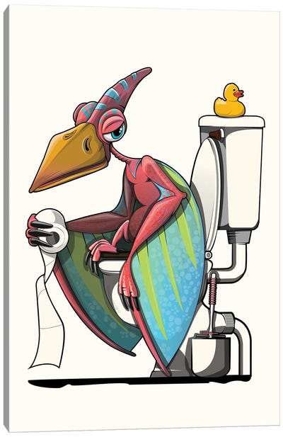 Dinosaur Pterodactyl On The Toilet, Bathroom Humor Canvas Art Print - Kids Dinosaur Art