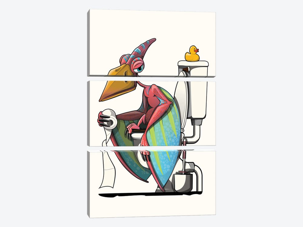 Dinosaur Pterodactyl On The Toilet, Bathroom Humor by WyattDesign 3-piece Canvas Wall Art