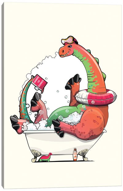 Dinosaur Diplodocus In The Bath, Bathroom Humor Canvas Art Print - Gentle Giants