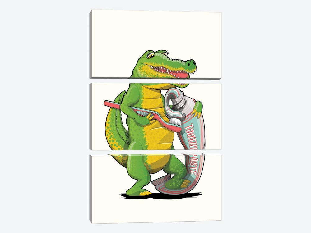 Crocodile Brushing Teeth by WyattDesign 3-piece Canvas Art Print