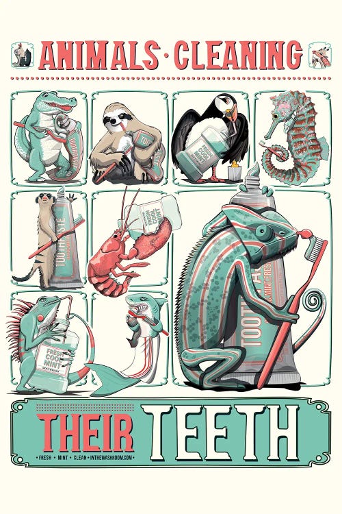 Animals Cleaning Their Teeth, Bathroom Poster by WyattDesign wall art