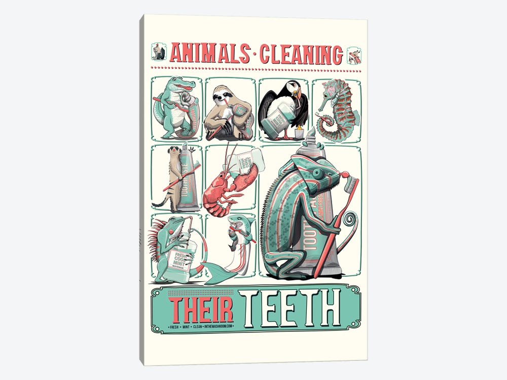 Animals Cleaning Their Teeth, Bathroom Poster by WyattDesign 1-piece Canvas Artwork