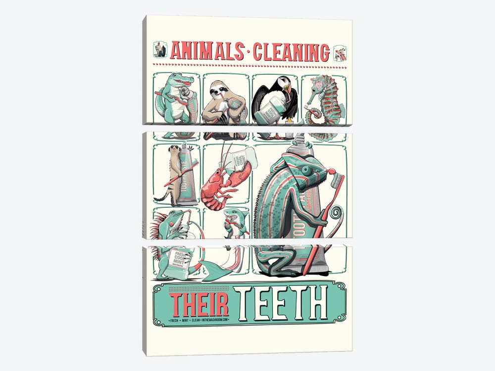 Animals Cleaning Their Teeth, Bathroom Poster by WyattDesign 3-piece Canvas Art